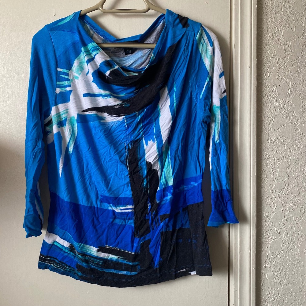 St John Womens Blue Abstract Print Cowl Neck 3/4 Sleeve Jersey Top Large - faded